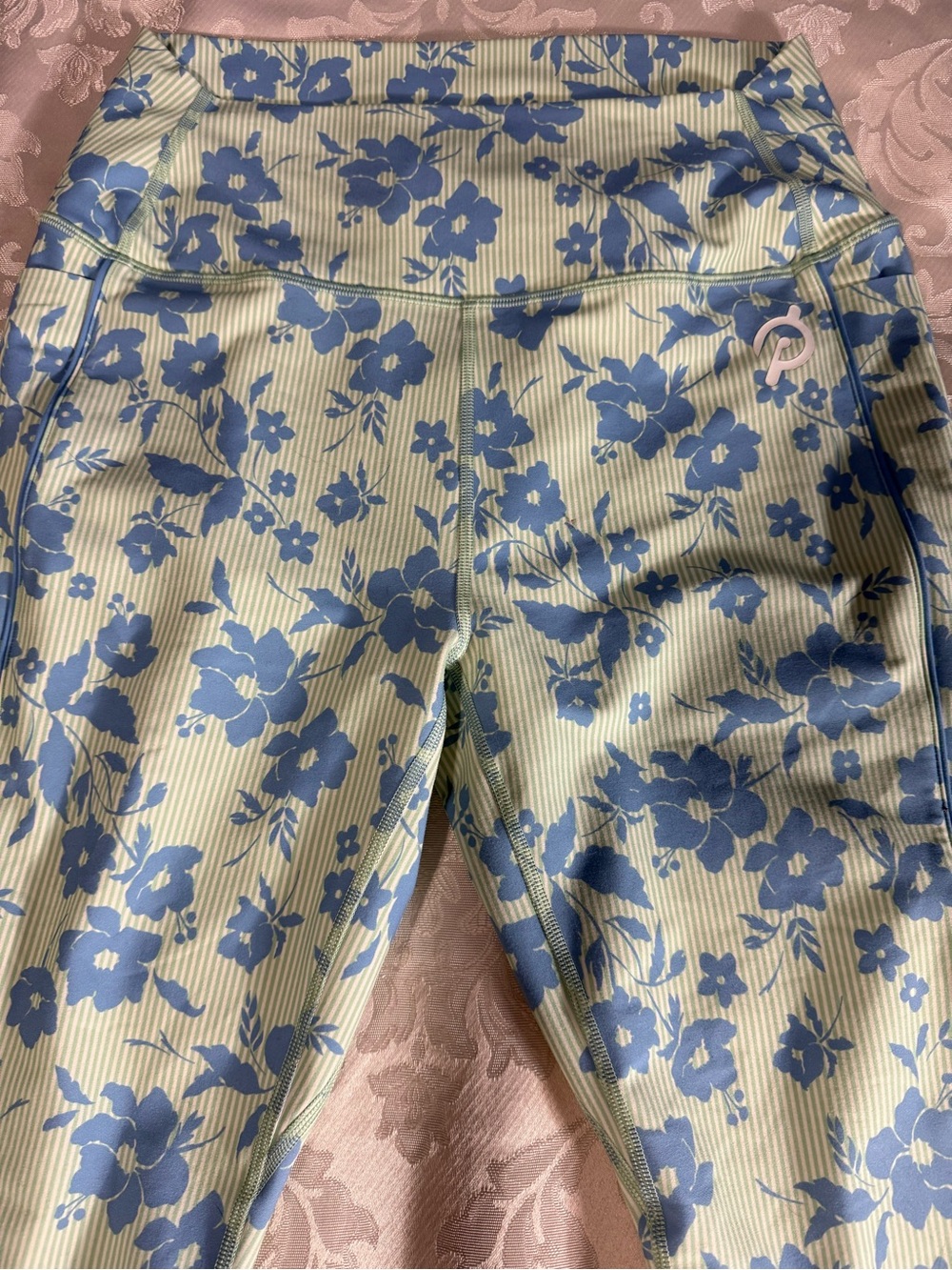 Peloton Floral High Rise Leggings Size L Blue Green Stripe Print Side Pockets - Picture 5 of 15